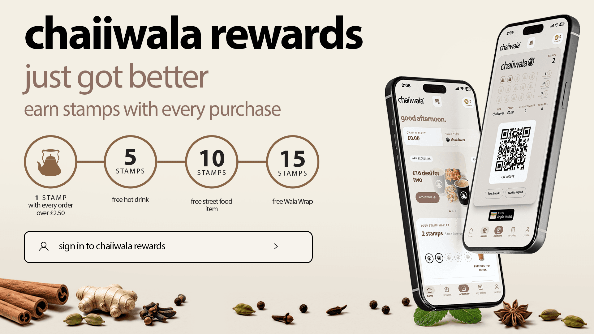 chaiiwala rewards just got better: earn a stamp with every order over £2.50, five stamps for a free hot drink, ten for a free street food item, fifteen for a free wala wrap, shown beside two phones running the chaiiwala ordering site