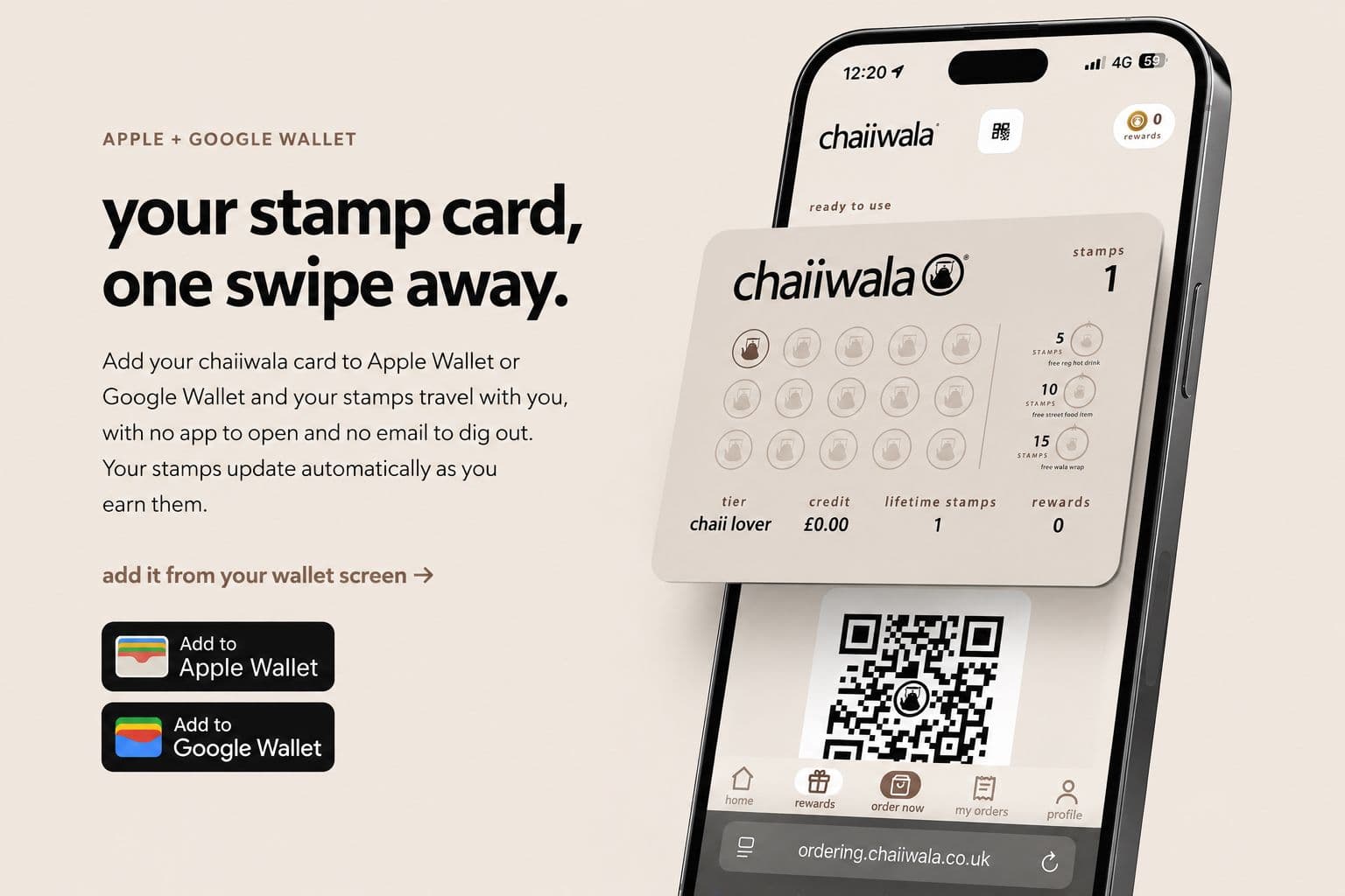 Add your chaiiwala stamp card to Apple Wallet or Google Wallet — your stamp card, one swipe away, shown on a phone with the ordering site open