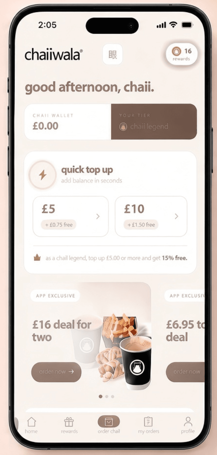 The chaiiwala ordering site open on a phone, showing the home screen